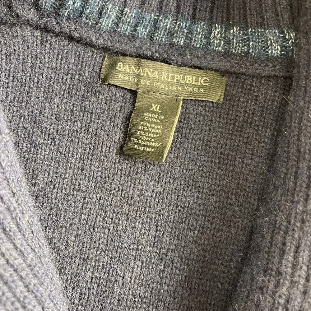 Banana Republic Men XL Cardigan Striped Blue Shawl Collar Wool Blend Herringbone